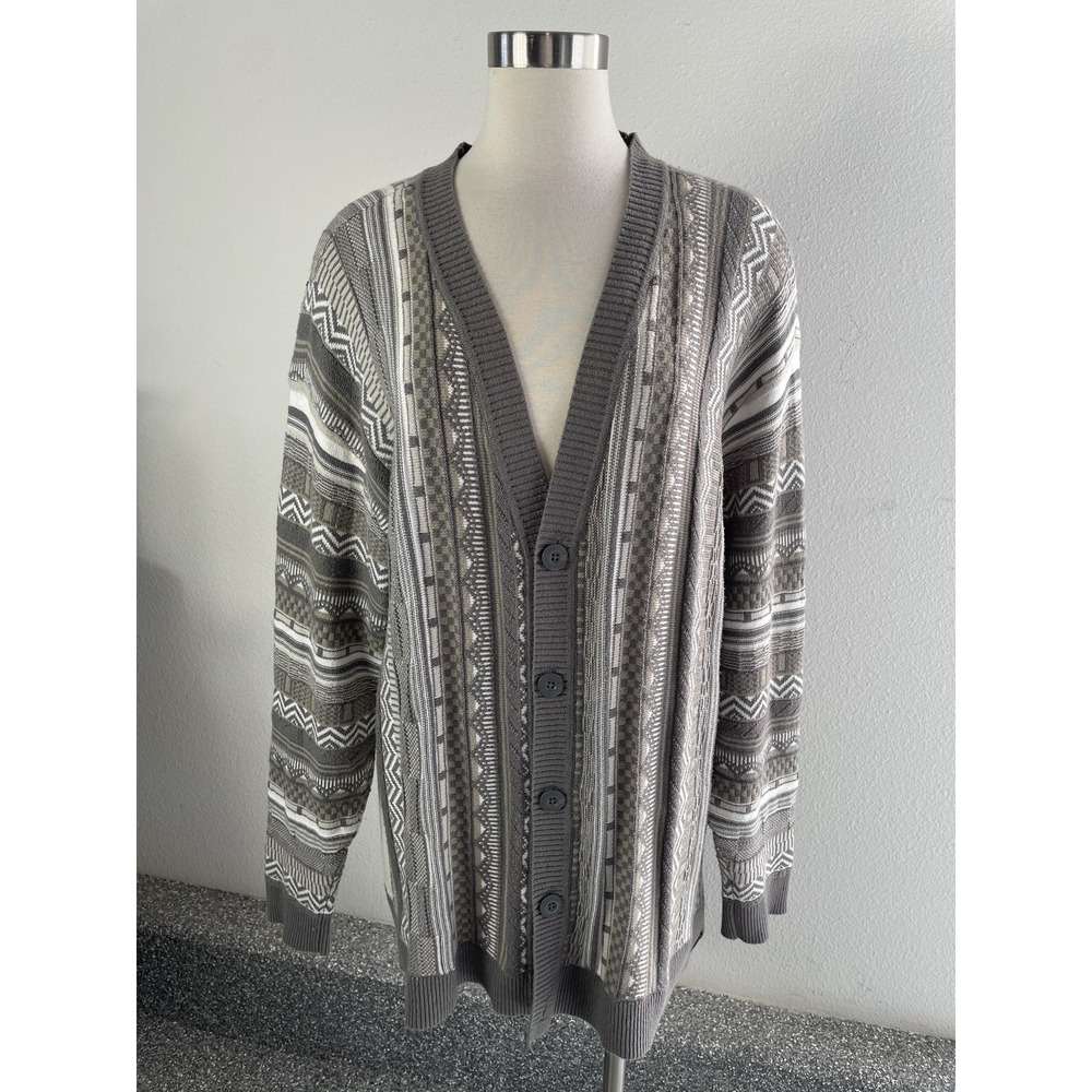 Hollister Sweater Mens XL Gray Geometric Knit V Neck Button Cardigan Oversized